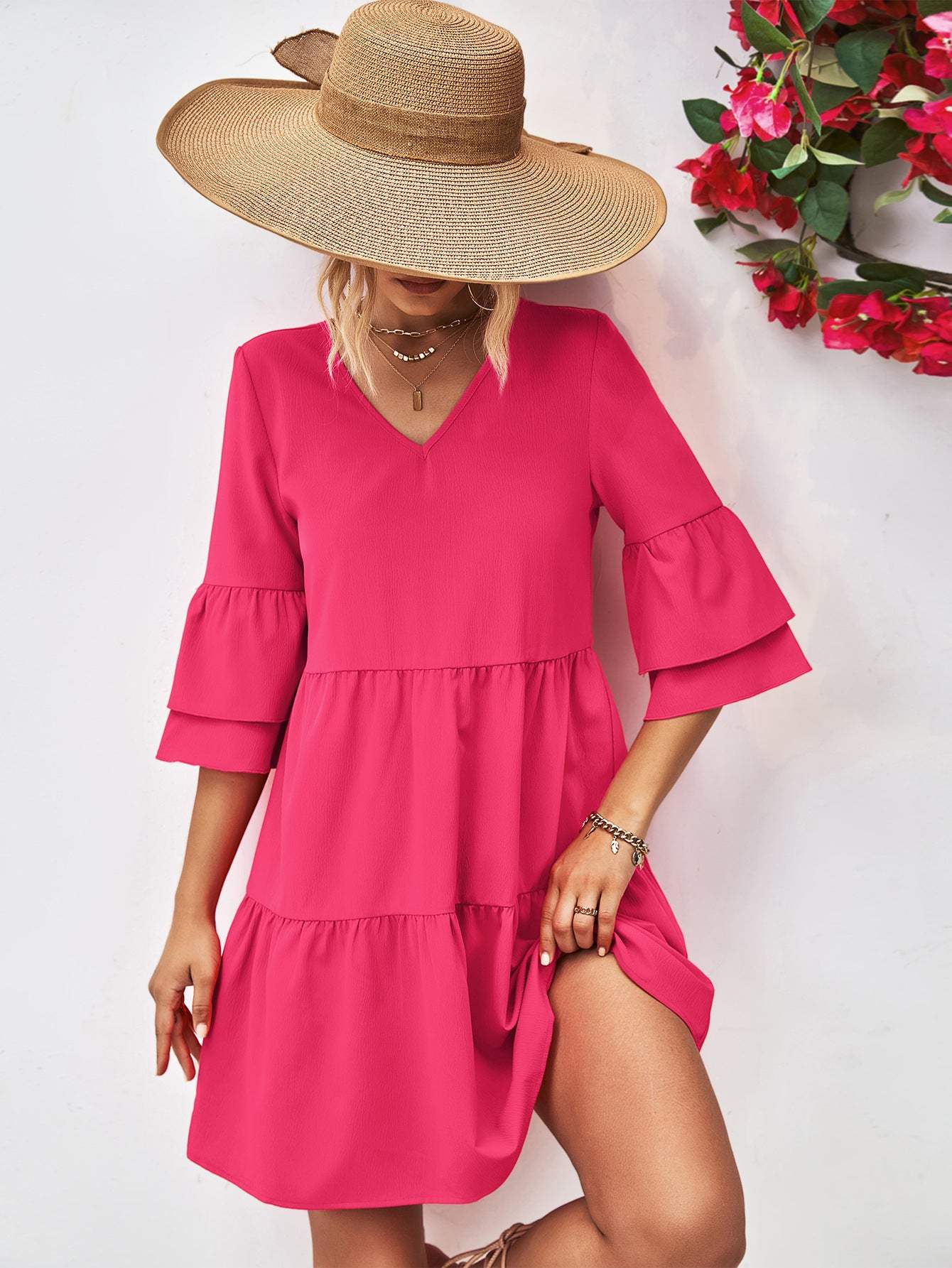 V-Neck Flare Sleeve Mini Dress Casual Dresses - Tophatter Daily Deals