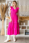 Reborn J V-Neck Ruffle Trim Tiered Midi Dress Fuchsia Casual Dresses - Tophatter Daily Deals