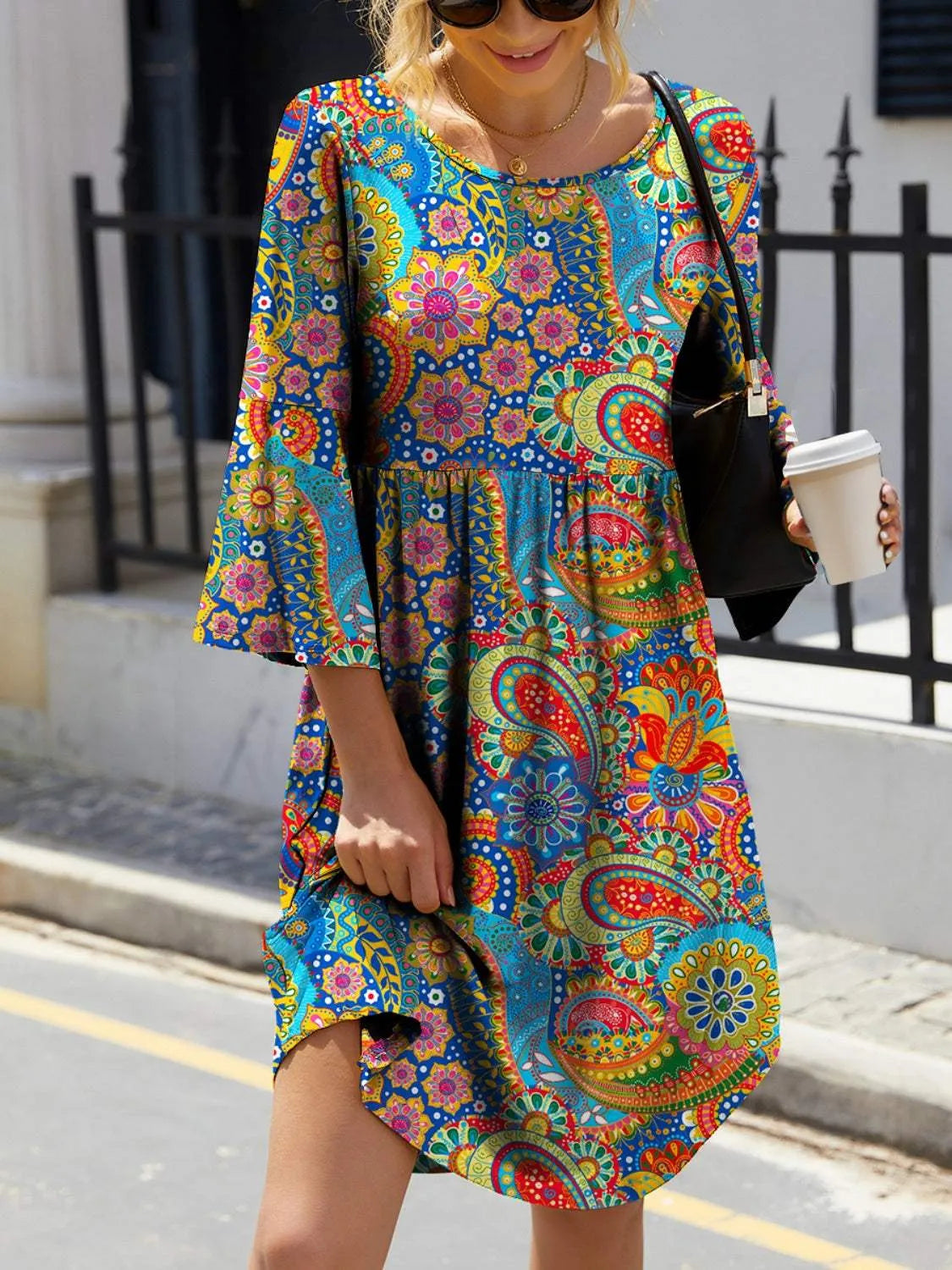 Paisley Print Round Neck Three-Quarter Sleeve Dress Multicolor Casual Dresses - Tophatter Daily Deals