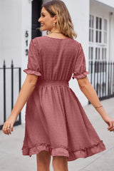Swiss Dot Frill Trim Flounce Sleeve V-Neck Dress Casual Dresses - Tophatter Daily Deals
