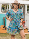 Plus Size Printed Tie Neck Mini Dress Sky Blue Casual Dresses - Tophatter Daily Deals