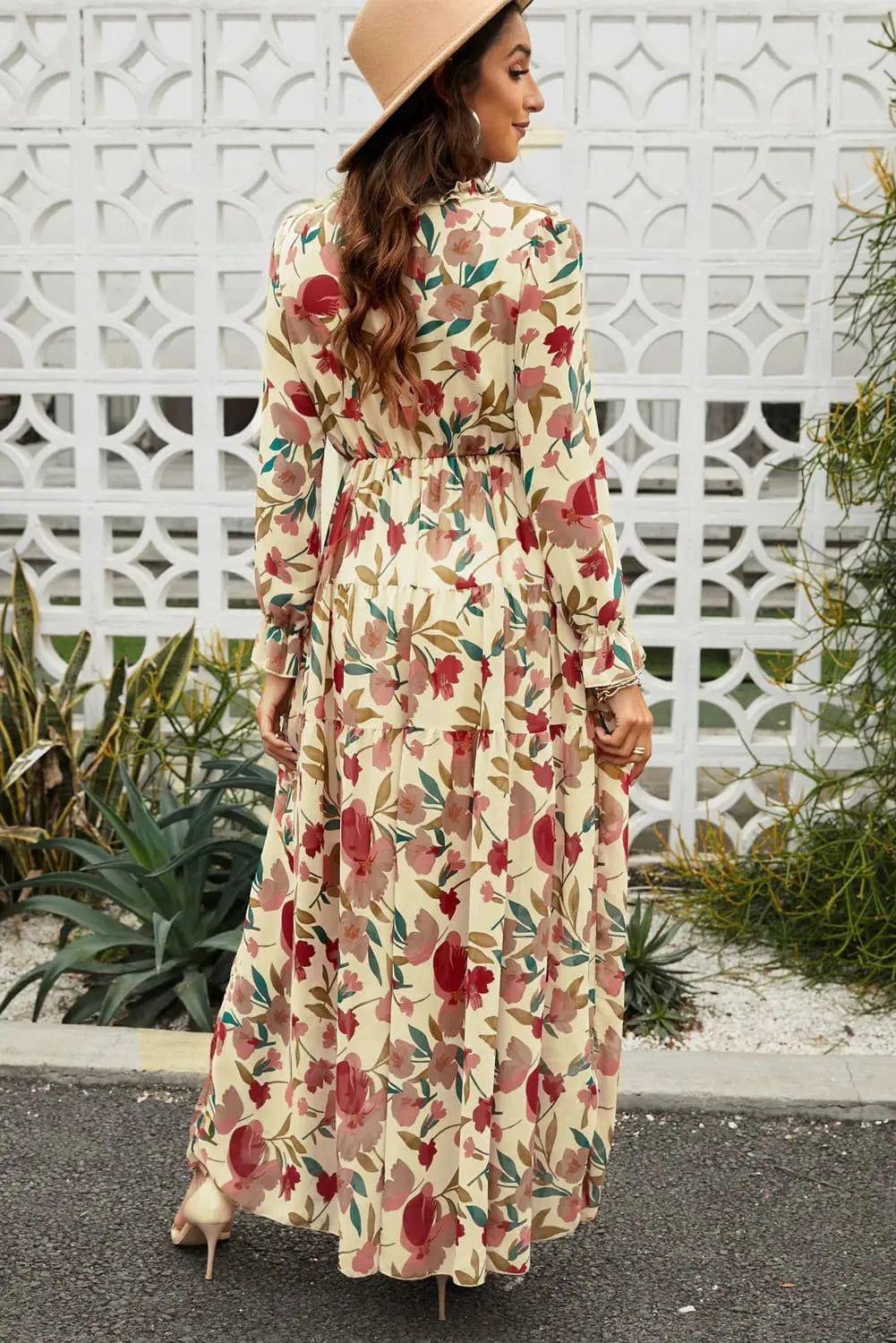 Floral Frill Trim Flounce Sleeve Plunge Maxi Dress Casual Dresses - Tophatter Daily Deals