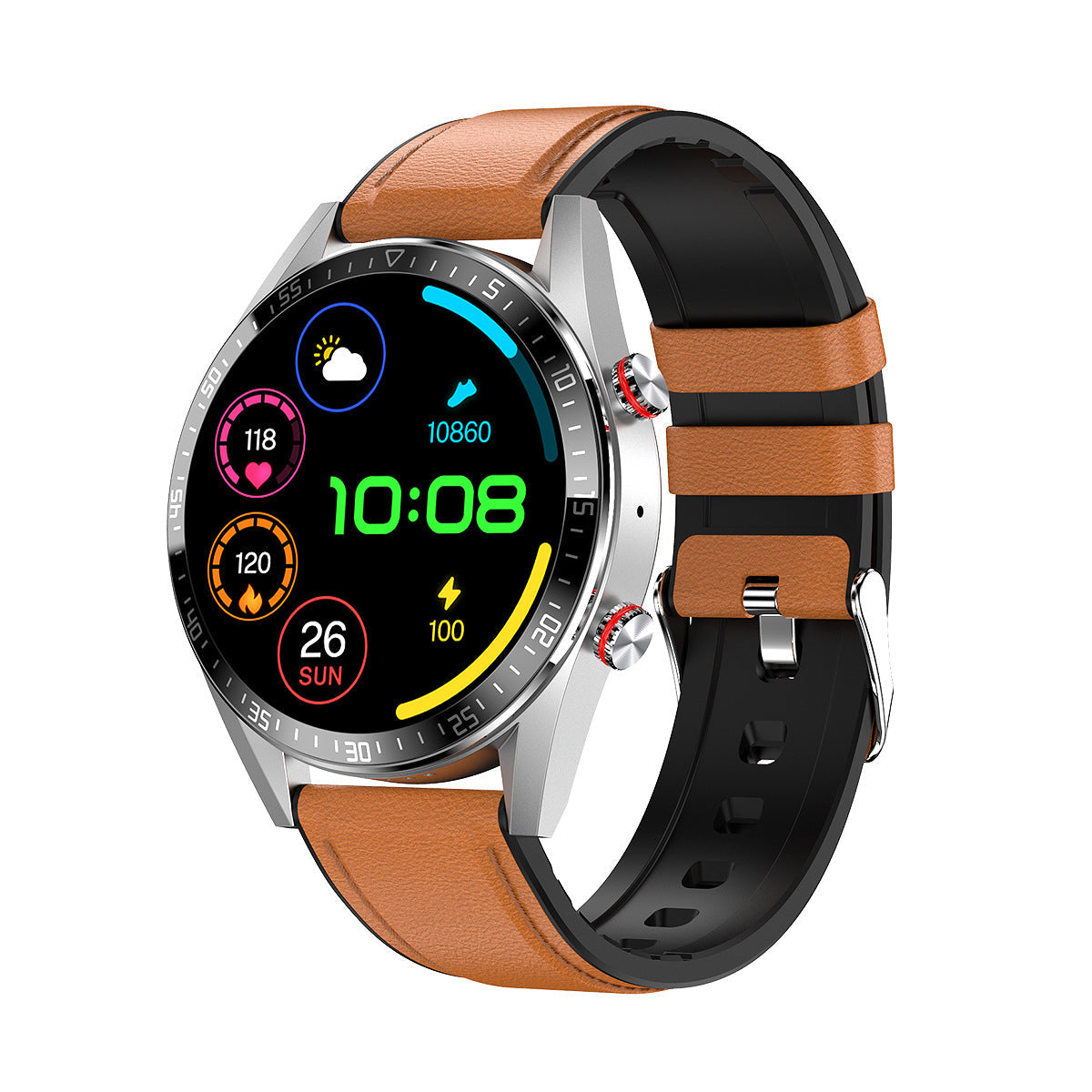 Bluetooth Call Smart Watch Music Heart Rate Blood Pressure Always Bright Screen Silver Orange Leather 0 - Tophatter Daily Deals