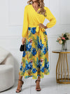 Pleated Printed Surplice Long Sleeve Dress Yellow Casual Dresses - Tophatter Daily Deals