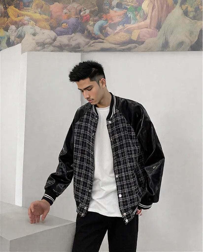BLACK Urban style Loose Plus Size Leather Plaid Baseball Jacket YOUNG MEN TEEN JACKET - Tophatter Daily Deals