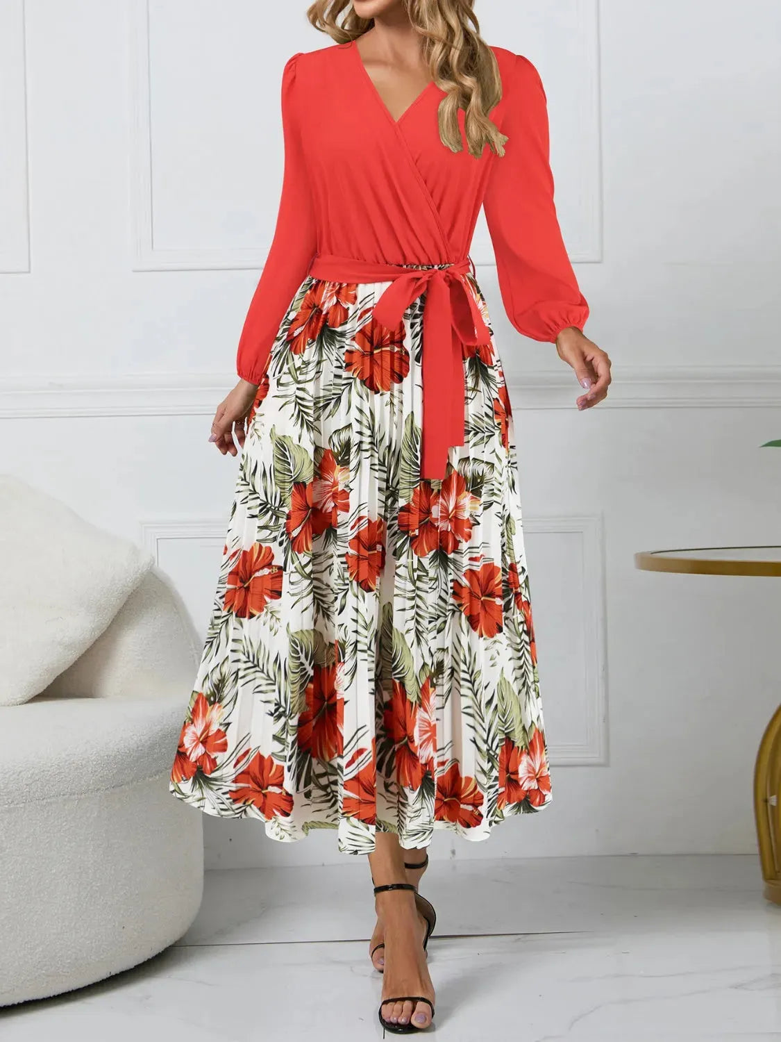 Pleated Printed Surplice Long Sleeve Dress Casual Dresses - Tophatter Daily Deals