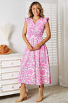 Double Take Floral V-Neck Cap Sleeve Dress Fuchsia Pink Casual Dresses - Tophatter Daily Deals