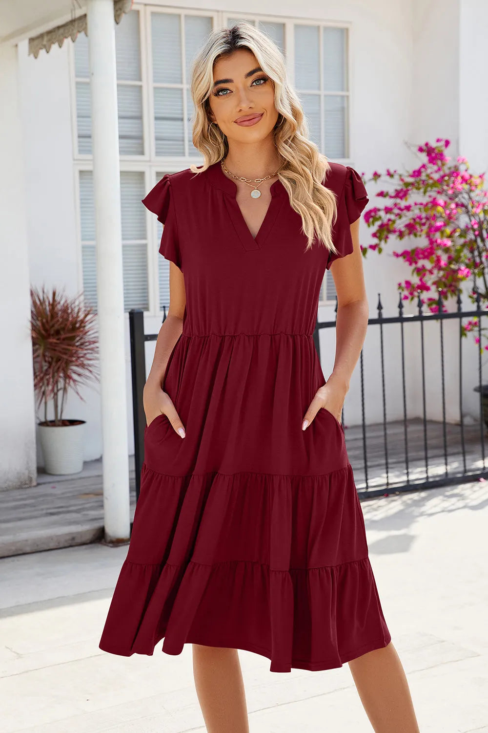 Ruched Notched Cap Sleeve Dress Casual Dresses - Tophatter Daily Deals