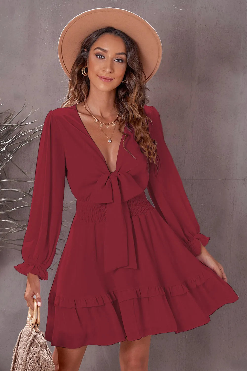 Tied Plunge Smocked Waist Flounce Sleeve Dress Wine Casual Dresses - Tophatter Daily Deals