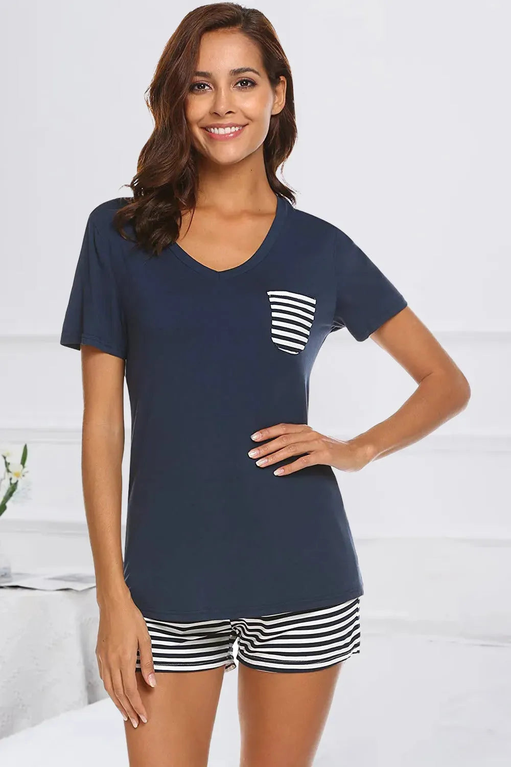 Striped Short Sleeve Top and Shorts Lounge Set Loungewear Sets - Tophatter Daily Deals