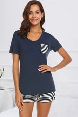 Striped Short Sleeve Top and Shorts Lounge Set Loungewear Sets - Tophatter Daily Deals