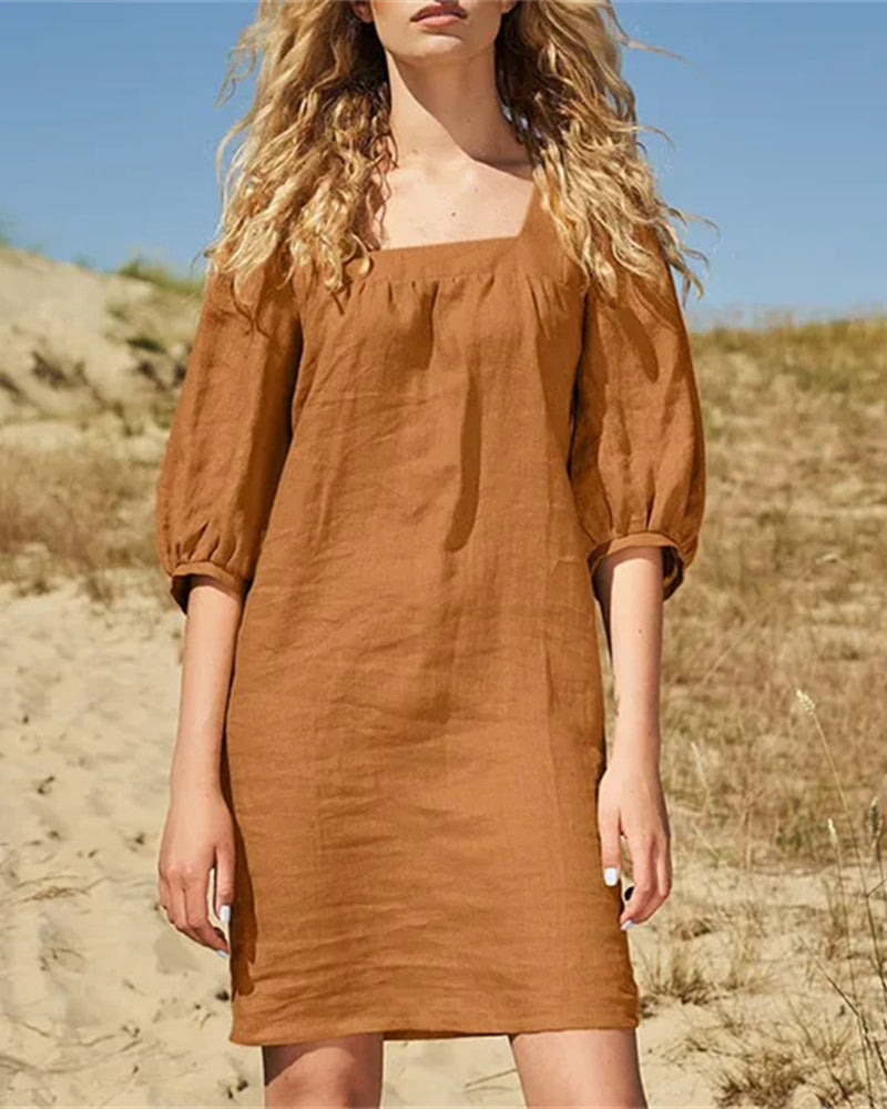 Square Neck Casual Dress Caramel Mini Dresses - Tophatter Daily Deals