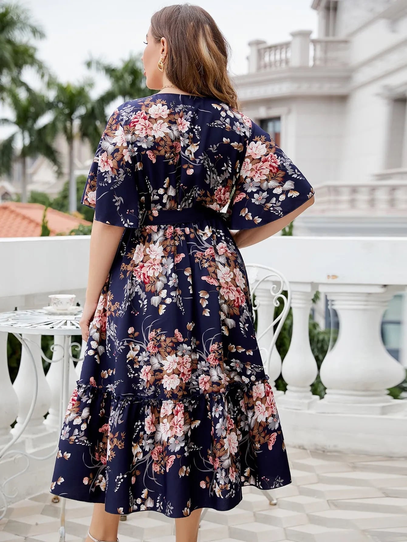 Plus Size Floral Surplice Neck Midi Dress Casual Dresses - Tophatter Daily Deals