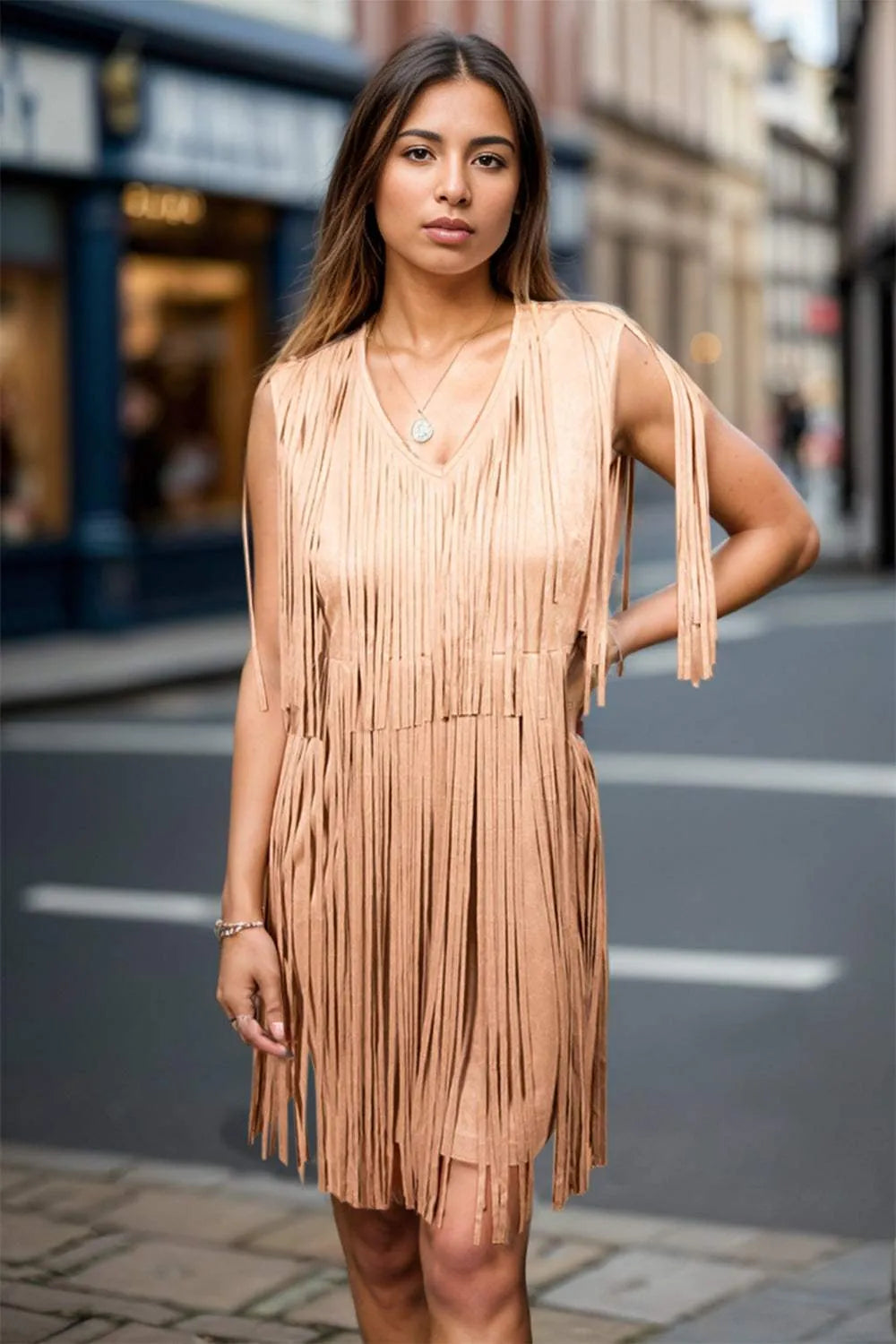 Full Size Fringe V-Neck Sleeveless Mini Dress Camel Casual Dresses - Tophatter Daily Deals