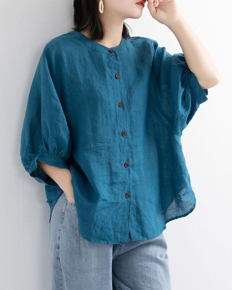 Lantern Sleeve Retro Loose Shirt Dark Blue Blouses & Shirts - Tophatter Daily Deals