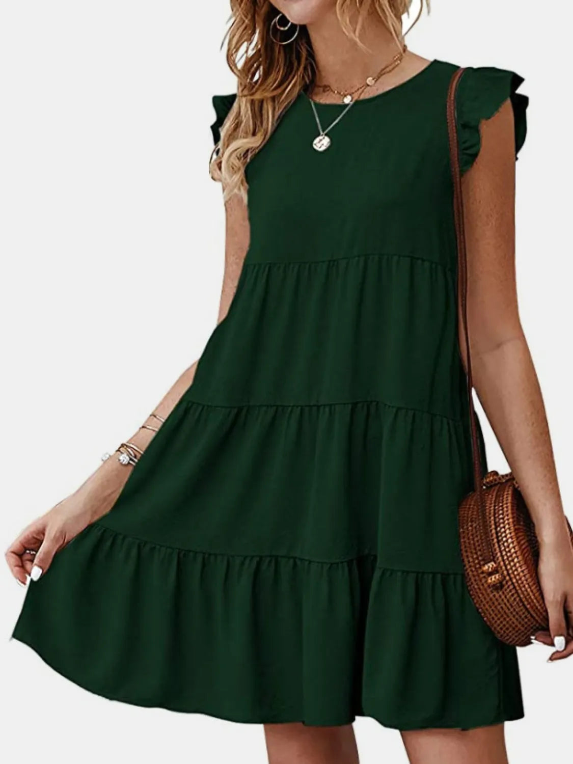 Ruffled Round Neck Cap Sleeve Mini Dress Green Casual Dresses - Tophatter Daily Deals