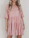 Full Size Sequin Round Neck Half Sleeve Mini Dress Dusty Pink Casual Dresses - Tophatter Daily Deals