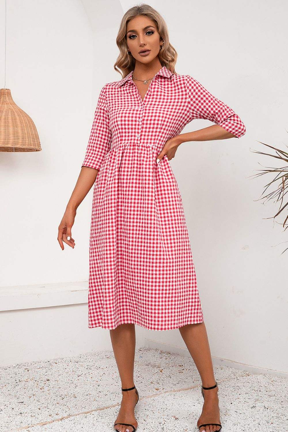 Plaid Collared Neck Midi Dress Casual Dresses - Tophatter Daily Deals