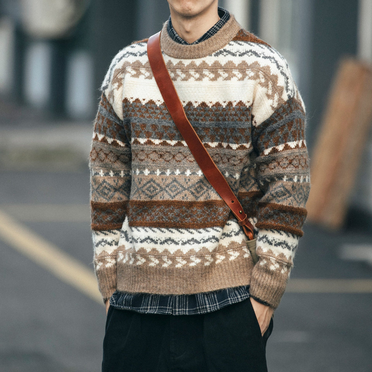Warm Relaxed Men's Sweater - Boxy Jacquard Knit, Winter Brown 3D Changing Face Moving Picture Frame - Tophatter Daily Deals