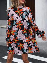 Floral Mock Neck Balloon Sleeve Dress Black Casual Dresses - Tophatter Daily Deals