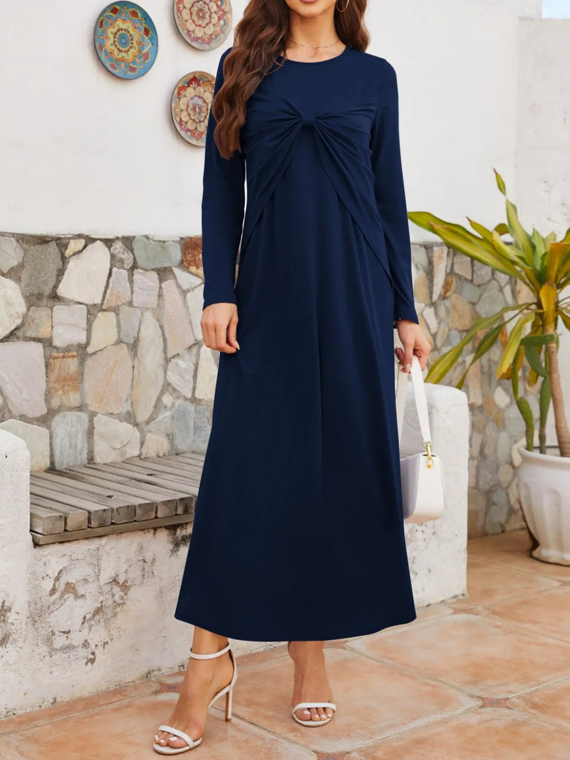 Twisted Round Neck Long Sleeve Dress Navy Casual Dresses - Tophatter Daily Deals