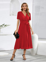 Pleated Surplice Tie Waist Midi Dress Casual Dresses - Tophatter Daily Deals