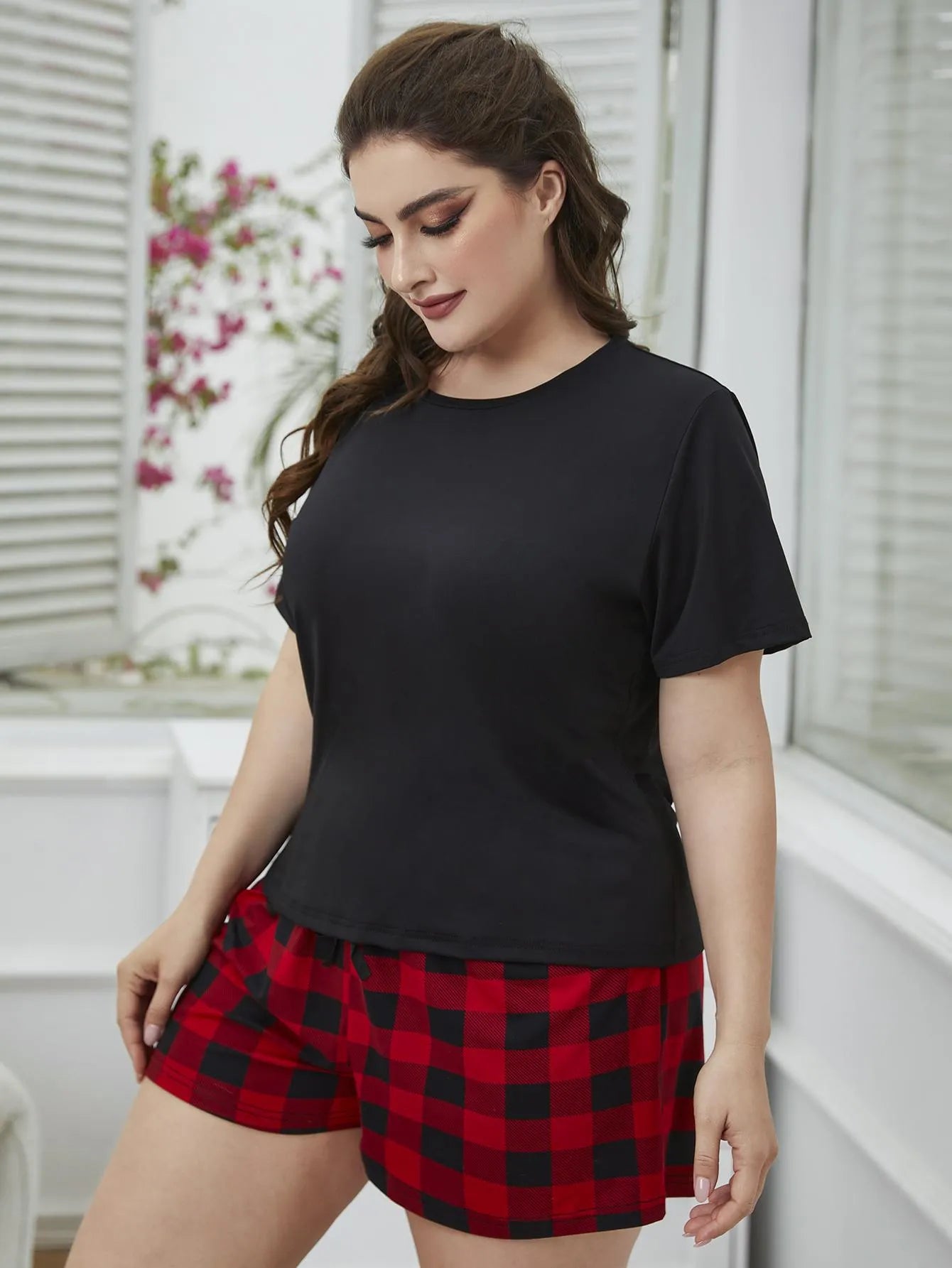 Plus Size Round Neck Tee Shirt and Plaid Shorts Lounge Set Loungewear Sets - Tophatter Daily Deals