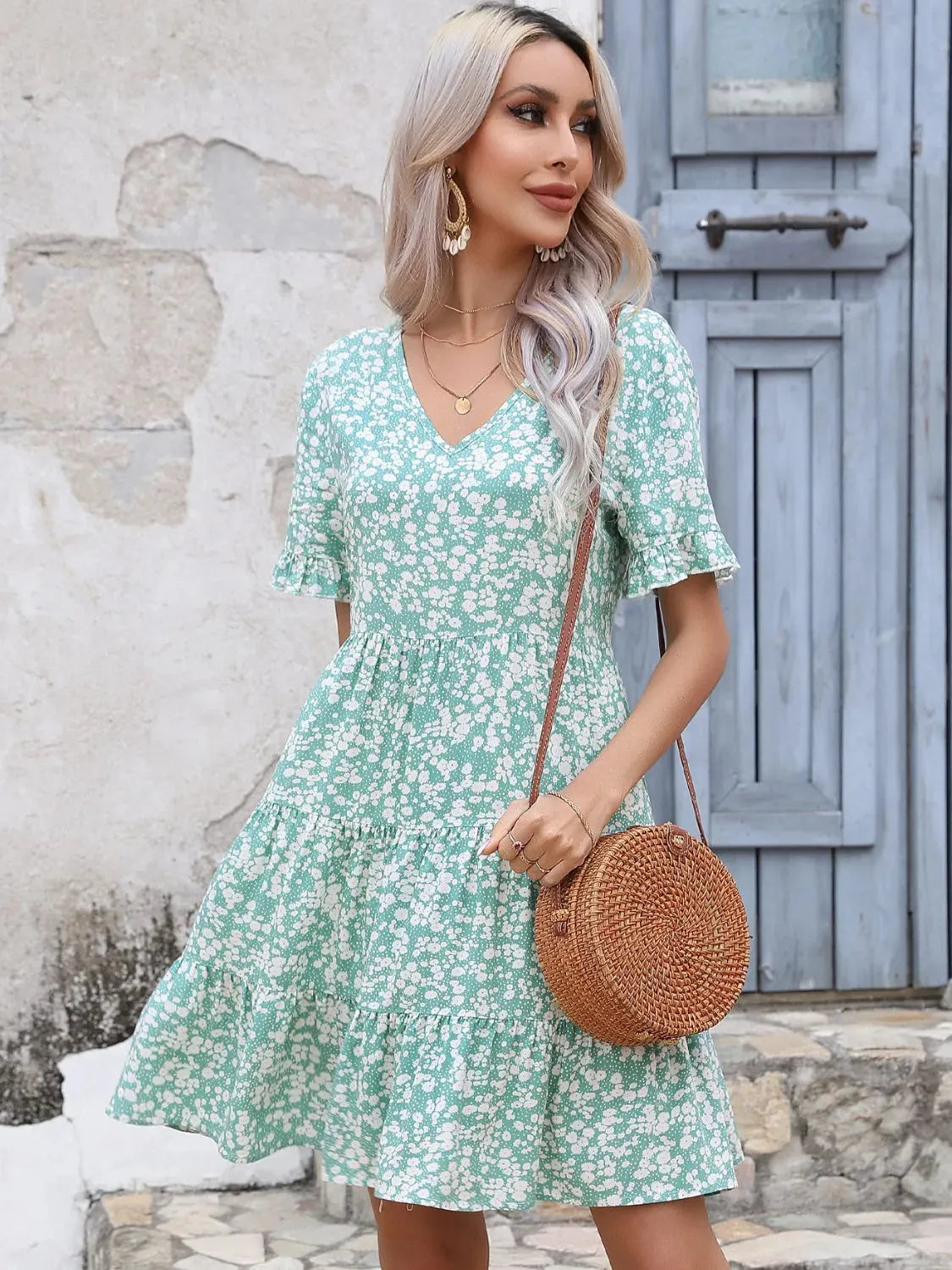 Floral V-Neck Short Sleeve Tiered Dress Gum Leaf Casual Dresses - Tophatter Daily Deals
