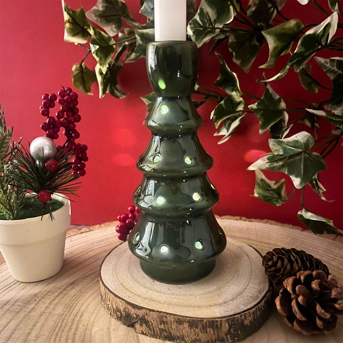 LED Christmas Tree Candlestick | Light-up Green Ceramic Christmas Candle Holder Candlestick - Tophatter Daily Deals
