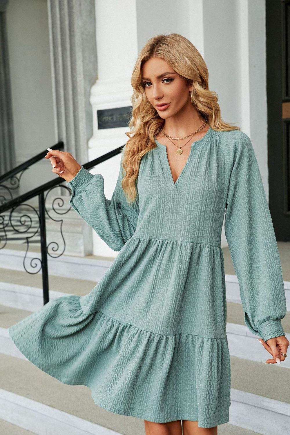 Notched Neck Long Sleeve Mini Dress Casual Dresses - Tophatter Daily Deals