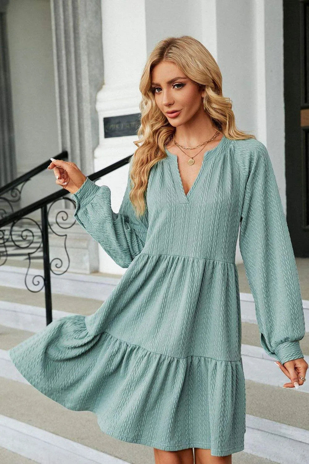 Notched Neck Long Sleeve Mini Dress Casual Dresses - Tophatter Daily Deals