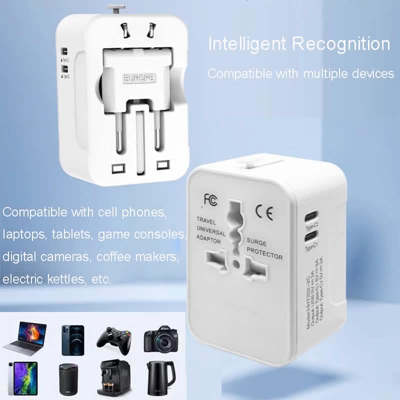 Universal Travel Adapter with Surge Protection, USB-A and Two USB-C Ports, White Electronics - Tophatter Daily Deals