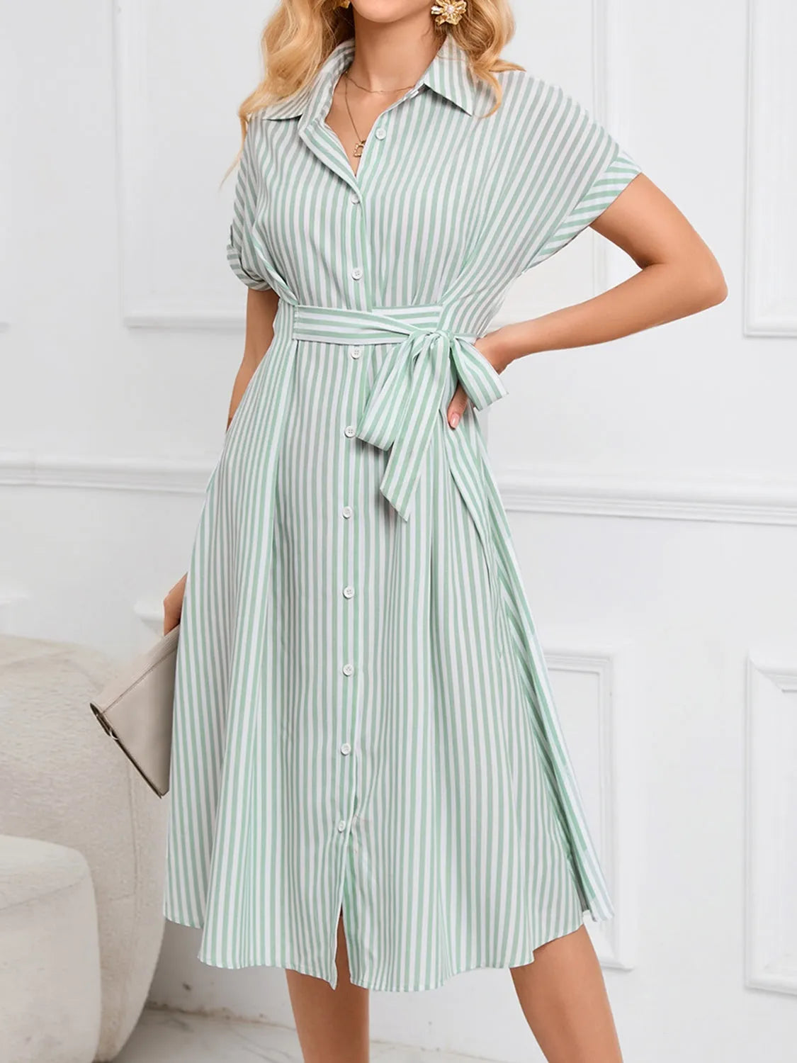 Striped Short Sleeve Tie Waist Midi Dress Casual Dresses - Tophatter Daily Deals