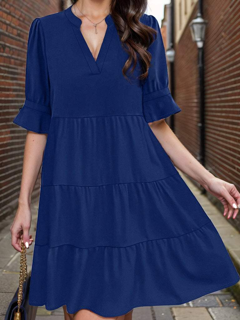 Tiered Notched Half Sleeve Dress Navy Casual Dresses - Tophatter Daily Deals