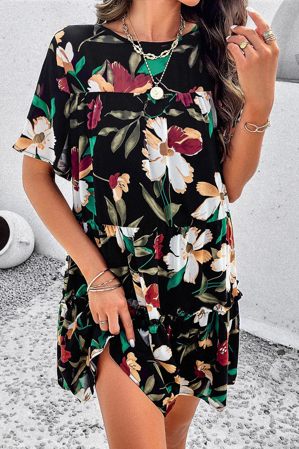 Printed Tiered Round Neck Mini Dress Casual Dresses - Tophatter Daily Deals