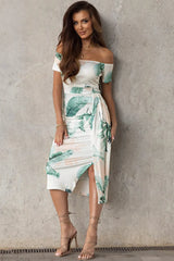 Slit Printed Off-Shoulder Midi Dress Casual Dresses - Tophatter Daily Deals