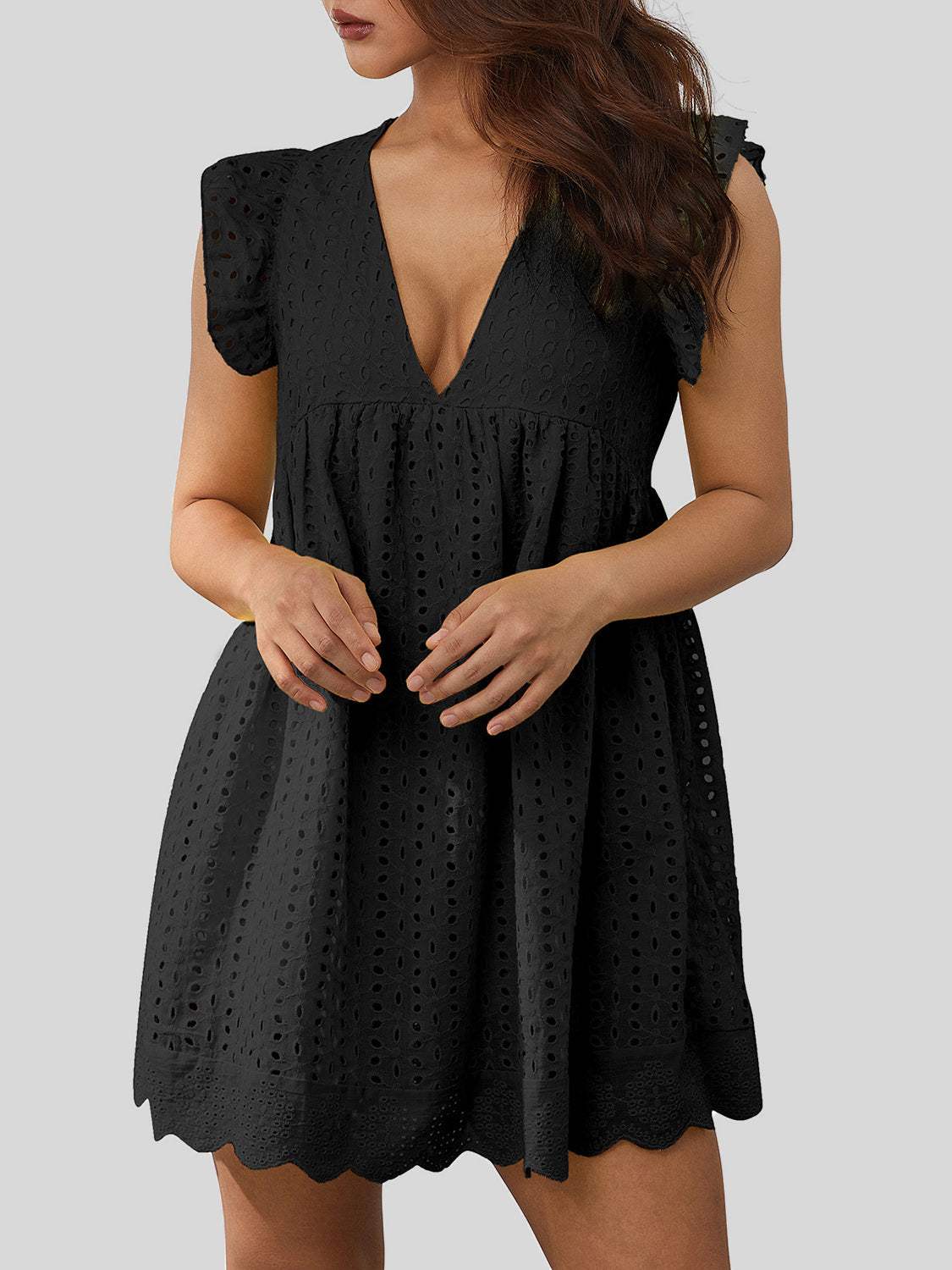 Ruffled Eyelet Cap Sleeve Mini Dress Casual Dresses - Tophatter Daily Deals