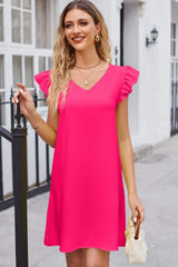 Ruffled V-Neck Flutter Sleeve Dress Casual Dresses - Tophatter Daily Deals