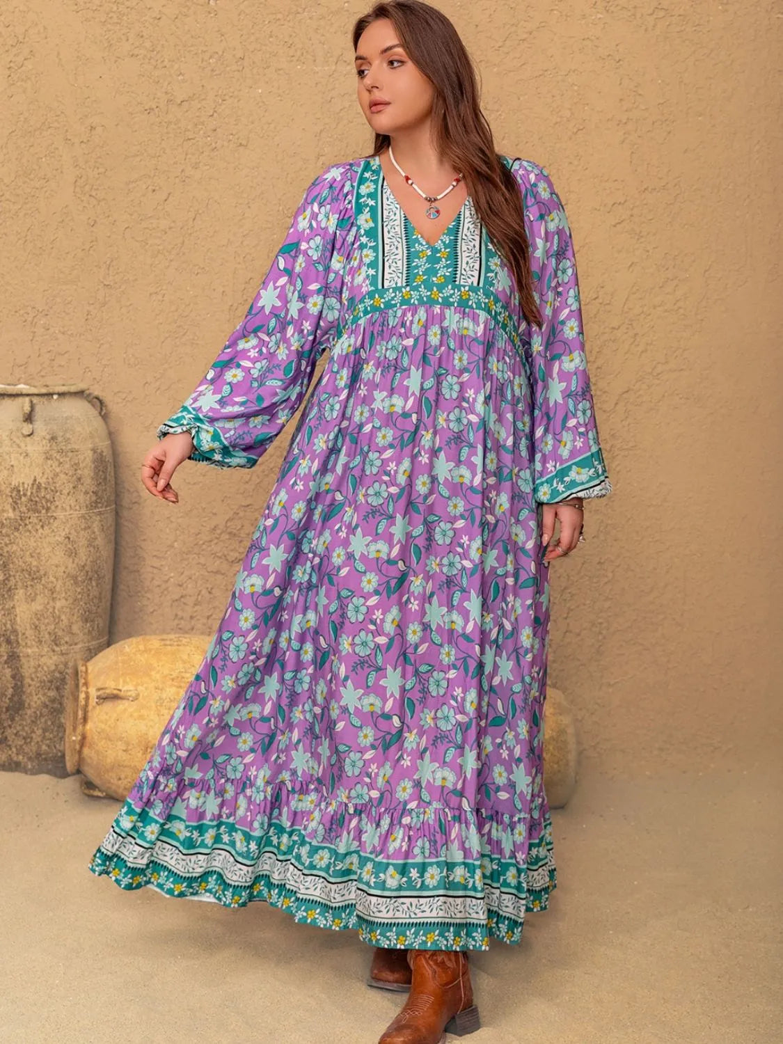 Plus Size Printed V-Neck Long Sleeve Maxi Dress Casual Dresses - Tophatter Daily Deals