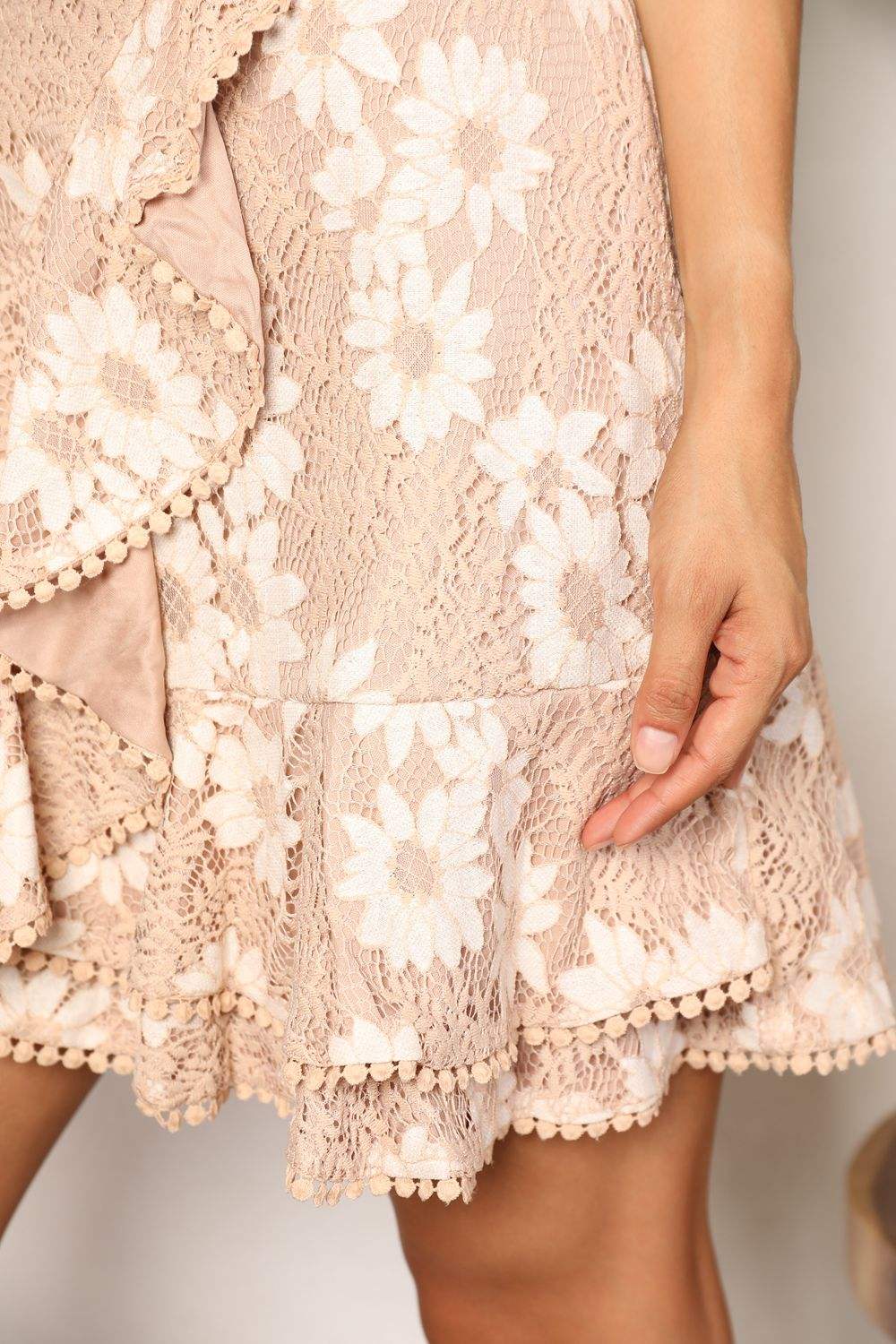 Double Take Floral Lace Pompom Detail Tie-Waist Flutter Sleeve Dress Casual Dresses - Tophatter Daily Deals