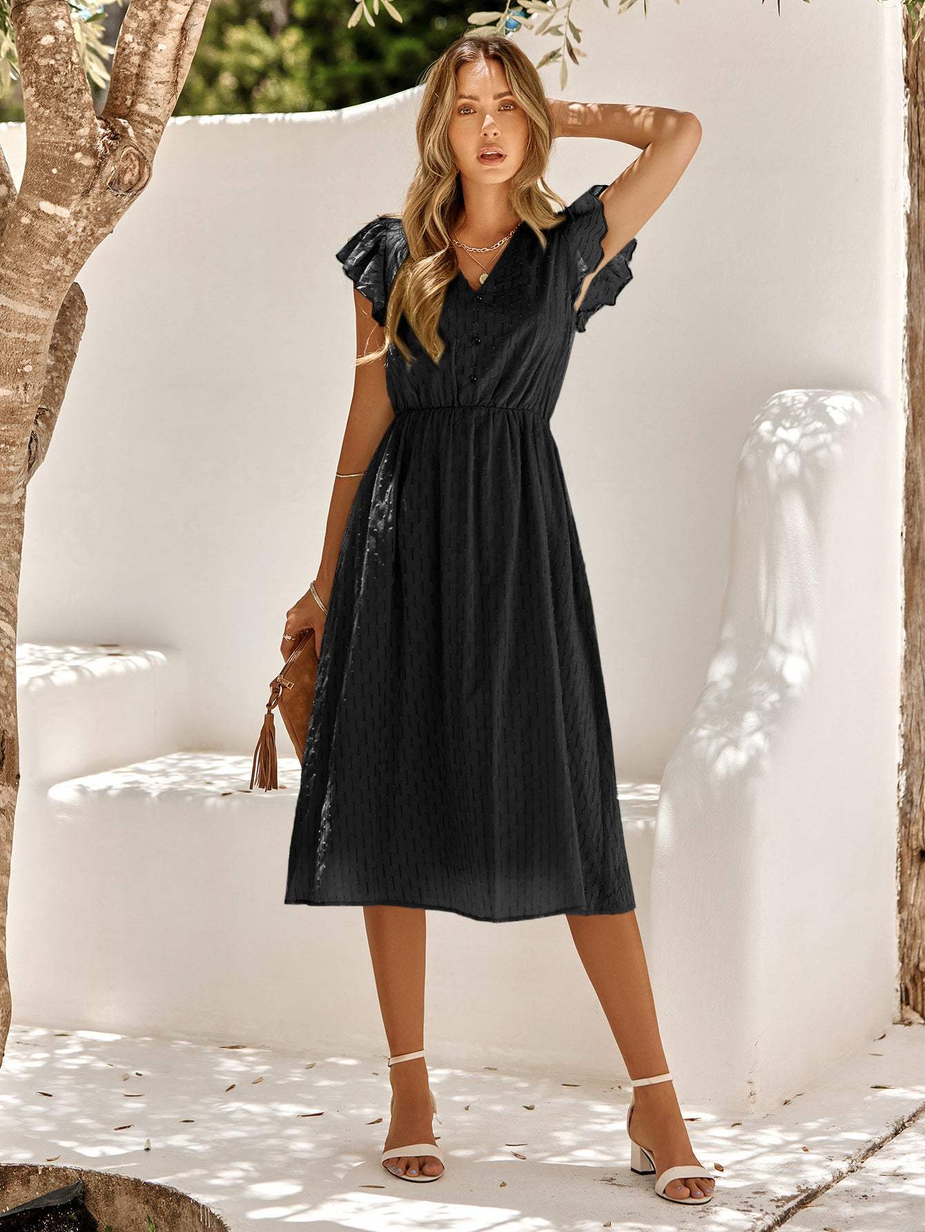 V-Neck Flutter Sleeve Midi Dress Casual Dresses - Tophatter Daily Deals