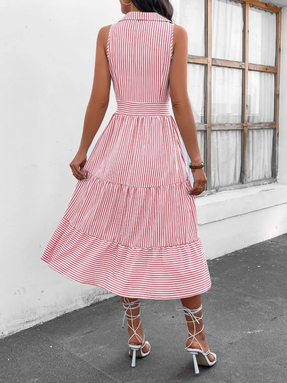 Striped Johnny Collar Sleeveless Midi Dress Casual Dresses - Tophatter Daily Deals