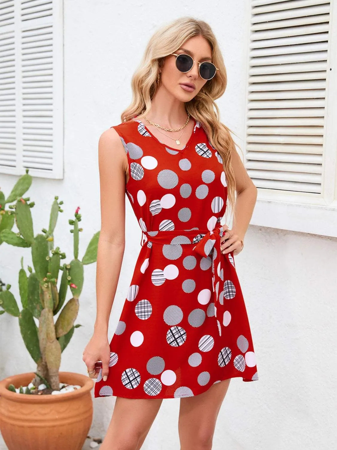 Tied Polka Dot V-Neck Dress Deep Red Casual Dresses - Tophatter Daily Deals