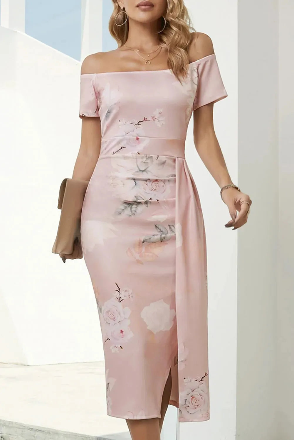 Printed Off-Shoulder Split Dress Blush Pink Casual Dresses - Tophatter Daily Deals