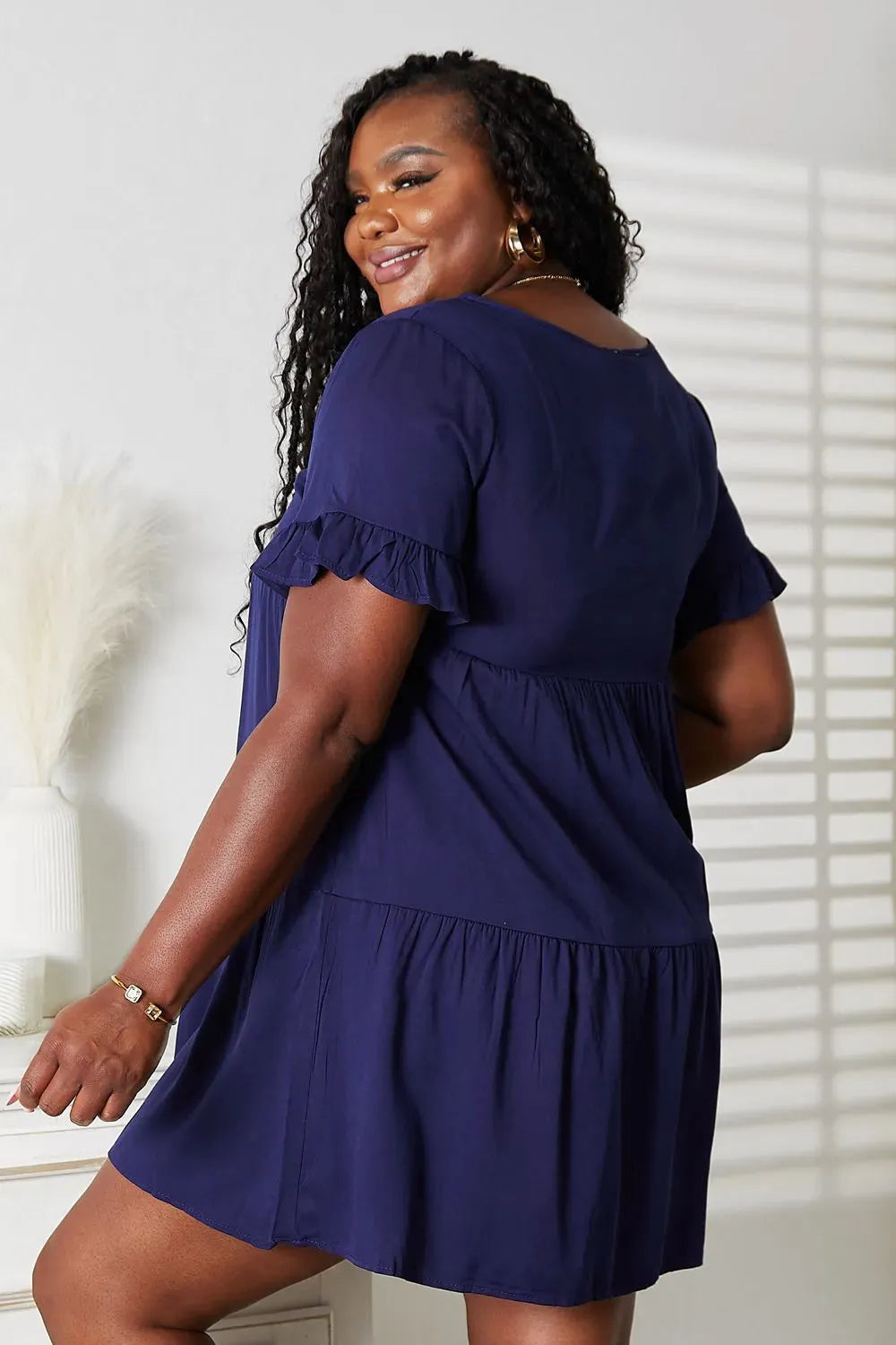 Double Take V-Neck Flounce Sleeve Tiered Dress Casual Dresses - Tophatter Daily Deals