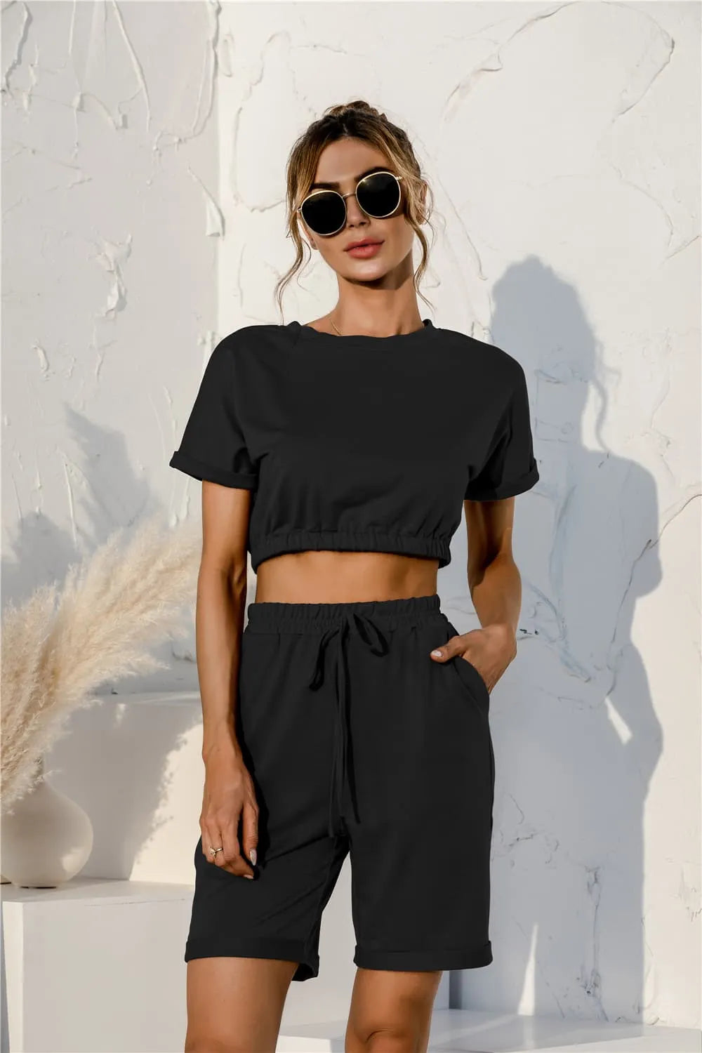 Short Sleeve Cropped Top and Drawstring Shorts Lounge Set Black Loungewear Sets - Tophatter Daily Deals