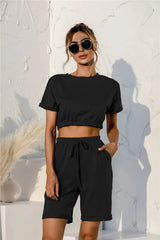 Short Sleeve Cropped Top and Drawstring Shorts Lounge Set Black Loungewear Sets - Tophatter Daily Deals