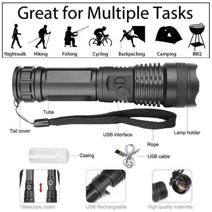 90000 Lumens XHP50.2 Zoom Flashlight USB Rechargeable - Tophatter Daily Deals