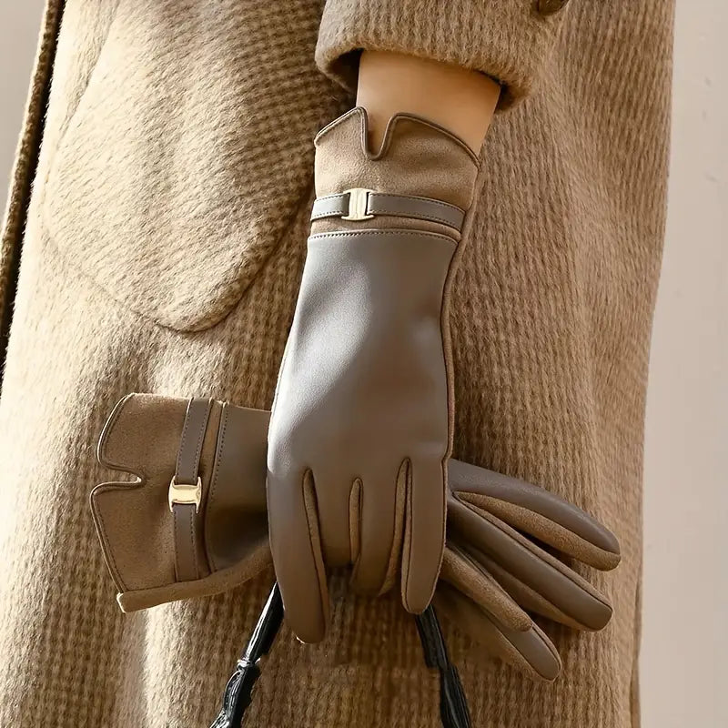 Waterproof Women’s Gloves - Slim Faux Leather, Lined Khaki One Size - Tophatter Daily Deals