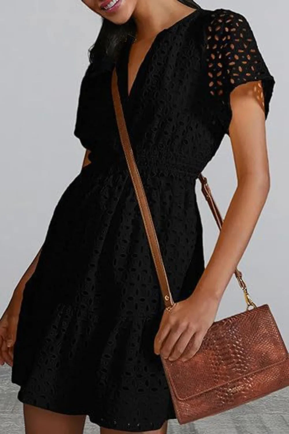 Eyelet Notched Short Sleeve Mini Dress Casual Dresses - Tophatter Daily Deals